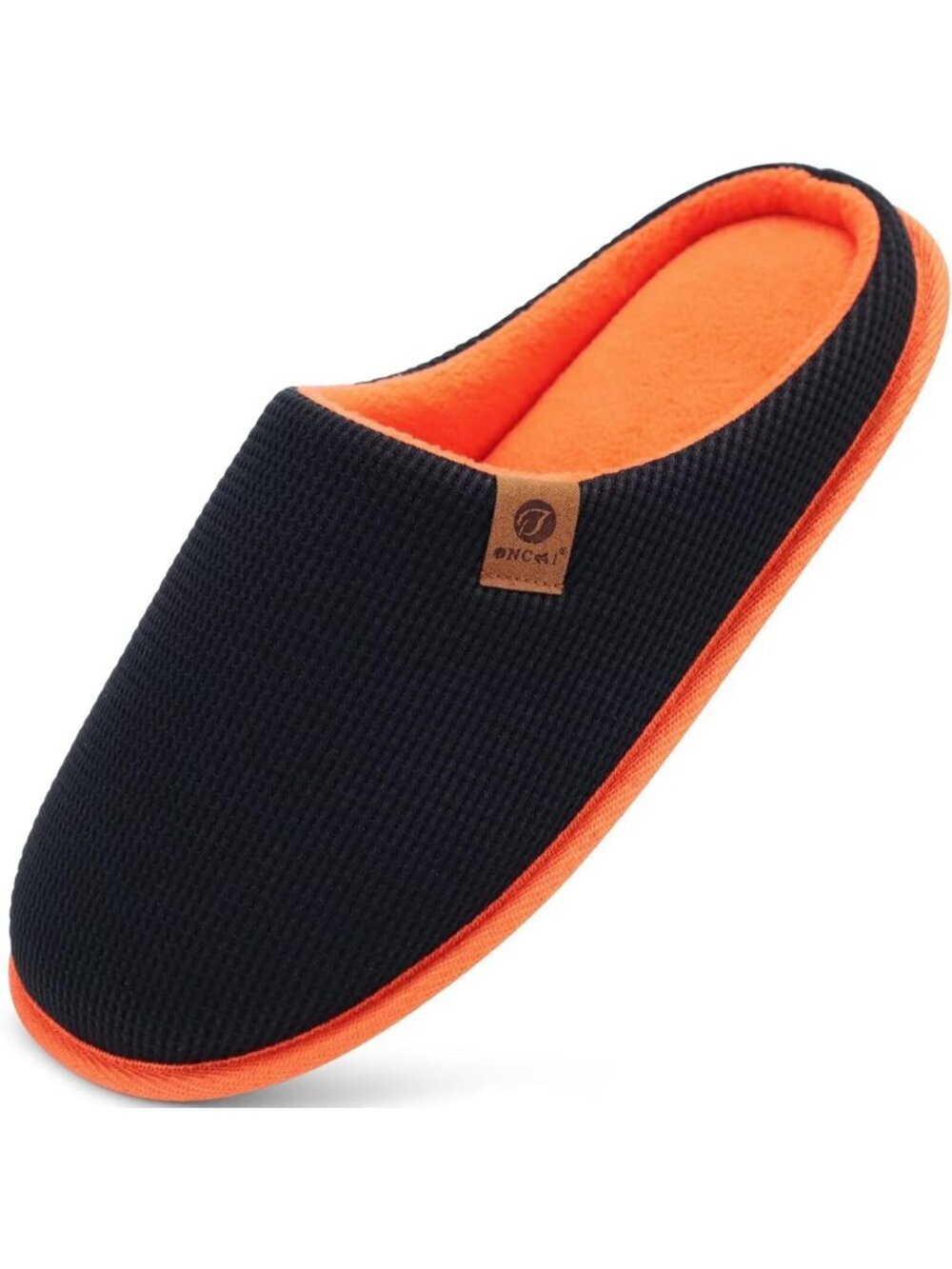 Men's Black Orange Cushion Foam Shake Fleece Faux Fur Lining House Slipper Shoes